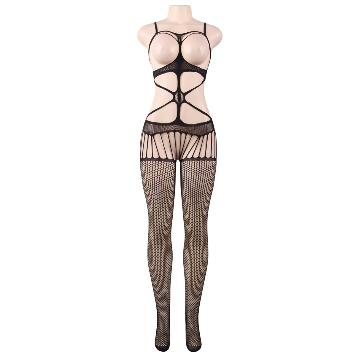 Combination bare chest and mesh stockings