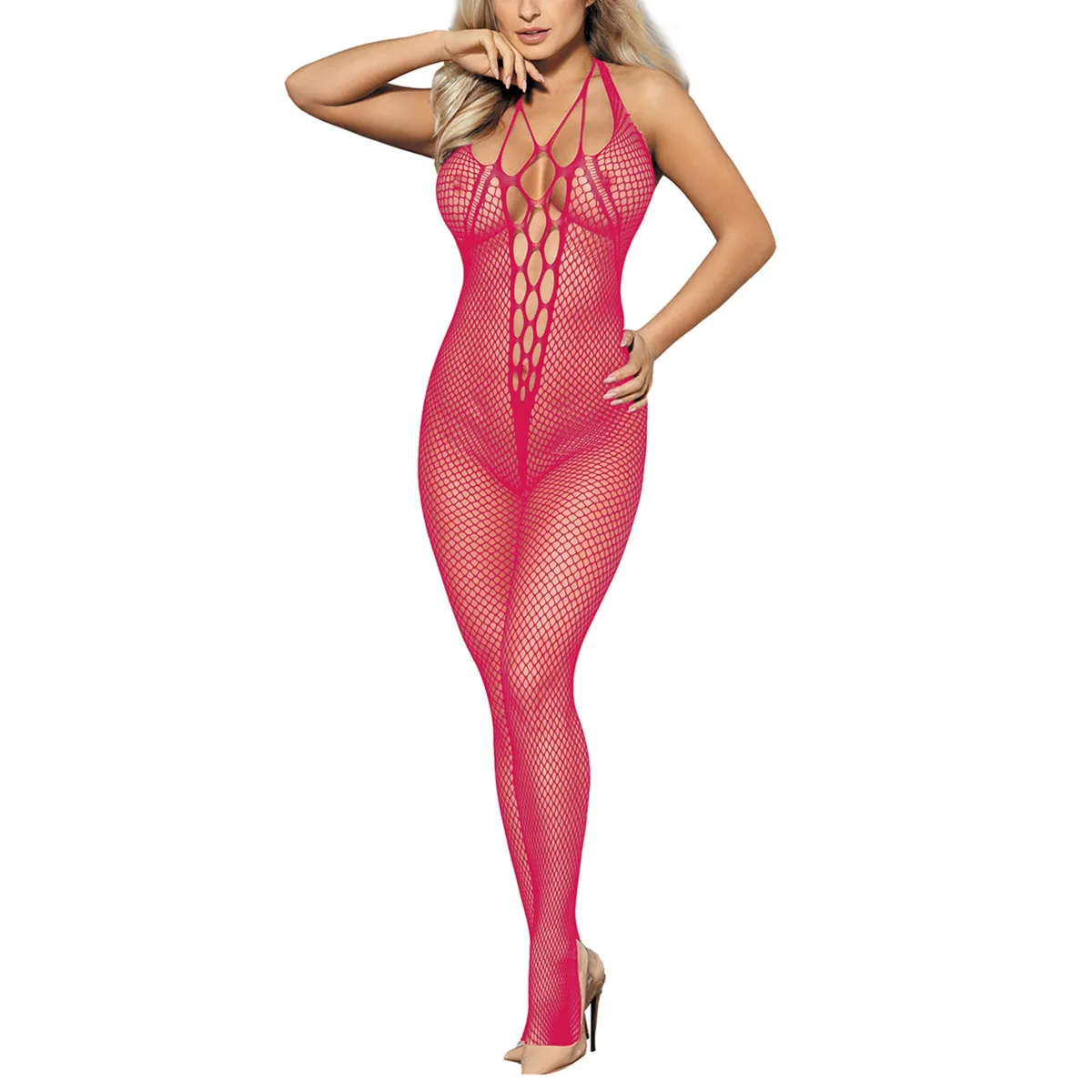 Bodystocking mesh fuchsia openwork chest