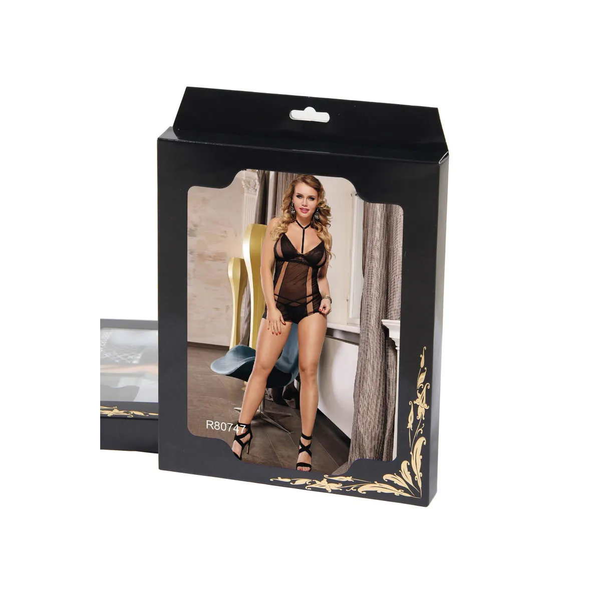 Nuisette noire tour de cou et string