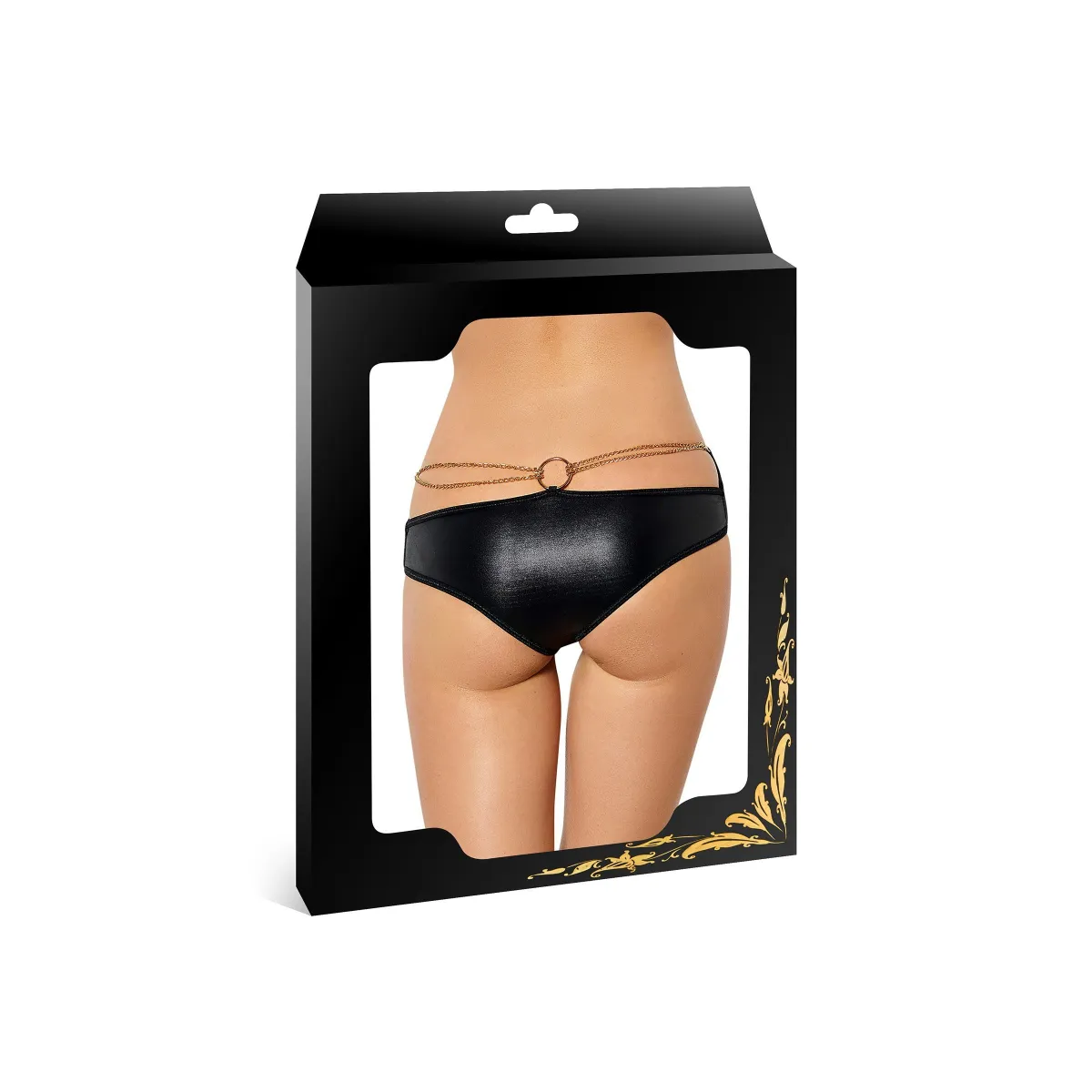 Wetlook black tanga and golden kidney chain